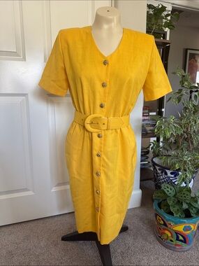 80s Vintage Bright Yellow Button-Front Belted Mini Dress